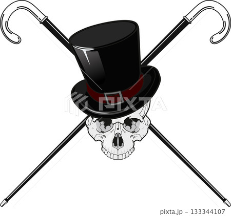 skull in old fashioned top hat with crossed walking sticks isolated white background skull in old fashioned top hat with crossed walking sticks isolated white background 133344107