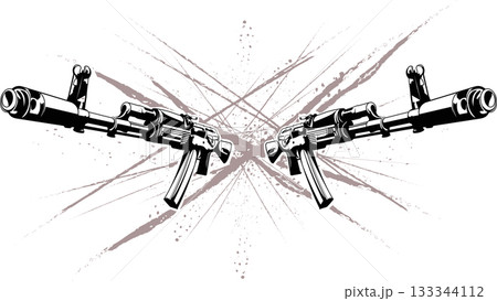 illustration of two Kalashnikov assault rifles in the form of tattoo on an abstract background 133344112