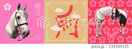 Happy Chinese New Year square cards set for 2026 Chinese New Year celebration. Year of the Horse. Vector halftone collage illustration. Translation - Happy New Year. Horse hieroglyph 133344135