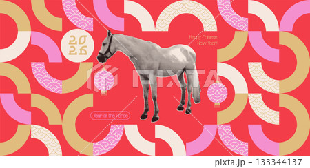 2026 Happy Chinese New Year of the Horse art collage greeting banner template. Modern retro minimalist holiday card with paper cut halftone horse and geometric tiles. Bauhaus vector illustration 2026 Happy Chinese New Year of the Horse art collage greeting banner template. Modern retro minimalist holiday card with paper cut halftone horse and geometric tiles. Bauhaus vector illustration 133344137