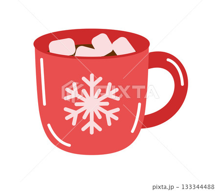 Red mug with cocoa and marshmallows, decorated with snowflake graphic. flat style vector 133344488