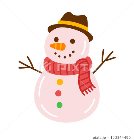 Friendly snowman with carrot nose, dark hat, striped red scarf, stick arms. flat style. Friendly snowman with carrot nose, dark hat, striped red scarf, stick arms. flat style. 133344490