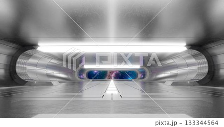 3d rendering. Futuristic sci-fi laboratory or spaceship corridor with neon light. 3d rendering. Futuristic sci-fi laboratory or spaceship corridor with neon light. 133344564