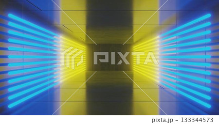 3d render. Geometric figure in neon light against a dark tunnel. Laser glow. 133344573