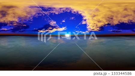 3D rendering. Blue sky with clouds at sunset or sunrise. Environment 360 HDRI MAP. Equivalent projection, spherical panorama. 133344586