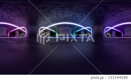 3d rendering. 360 degree spherical seamless vr panorama. Abstract empty dark interior with neon lighting, HDRI environment map of exhibition gallery with glossy walls. 133344590