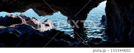 3d rendering. Abstract image of a cave and a gorge in the mountains overlooking the ocean. 3d rendering. Abstract image of a cave and a gorge in the mountains overlooking the ocean. 133344602