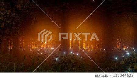 3d rendering. Illustration of autumn forest in sunlight and mist. 133344622