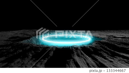 3d rendering. A meteorite crater on the surface of a satellite, moon or planet in circle neon light. Procedurally generated crater texture. 133344667