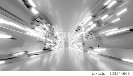 3d rendering. A corridor made of light marble with decorative elements on the wall extending into the distance. 133344668