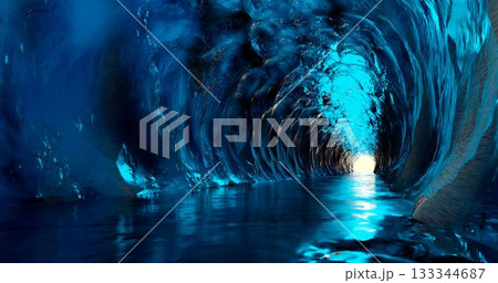 3d rendering. Ice cave entrance. frozen tunnel with icy walls of blue ice. 133344687
