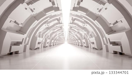 3d rendering. A corridor made of light marble with decorative elements on the wall extending into the distance. 133344701