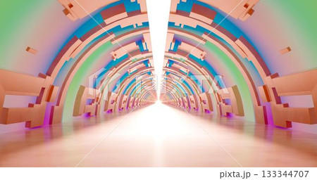 3d rendering. A corridor made of light marble with decorative elements on the wall extending into the distance. 3d rendering. A corridor made of light marble with decorative elements on the wall extending into the distance. 133344707