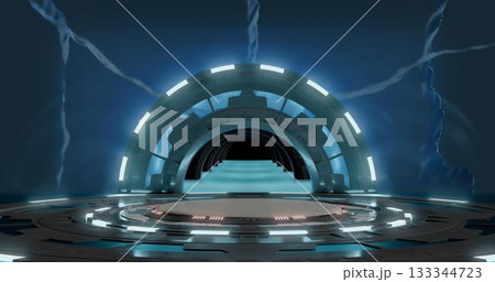 3d rendering. Empty light studio room futuristic Sci Fi big hall room with lights white, Future background for design. 3d rendering. Empty light studio room futuristic Sci Fi big hall room with lights white, Future background for design. 133344723