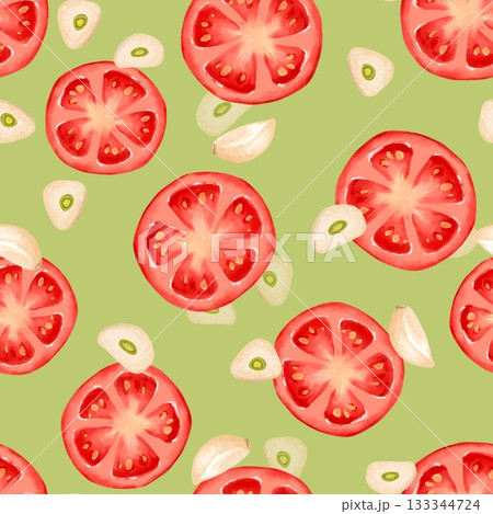 Seamless pattern Illustration with hand-drawn red tomato slices and garlic cloves on light green background Seamless pattern Illustration with hand-drawn red tomato slices and garlic cloves on light green background 133344724