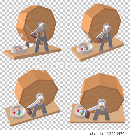 催事・イベントのイラスト素材　ガラポン抽選器（1）　黄　抽選玉付　カット四点セット（2）　 133344764