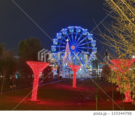 Ferris wheel and illuminated installations set in Luna Park to New Year holidays. Skanderbeg Square, Tirana, Albania Ferris wheel and illuminated installations set in Luna Park to New Year holidays. Skanderbeg Square, Tirana, Albania 133344798
