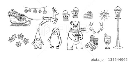 Hand drawn Christmas elements with sleigh, reindeer, polar bear, gnome, penguin, mittens and festive treats. Cozy winter holiday sketch illustration 133344963