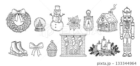 Hand drawn Christmas elements with wreath, snow globe, snowman, nutcracker, candles and festive decor. Vintage holiday sketch illustration Hand drawn Christmas elements with wreath, snow globe, snowman, nutcracker, candles and festive decor. Vintage holiday sketch illustration 133344964