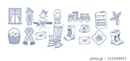 Christmas cozy winter holiday decoration set, vintage rocking chair, toy train and cuckoo clock whisimal line art elements vector illustration Christmas cozy winter holiday decoration set, vintage rocking chair, toy train and cuckoo clock whisimal line art elements vector illustration 133344971