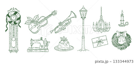 Whimsical christmas holiday winter line hand drawing, Minimal sketch doodle decoration set, vintage musical instrument, violin, trumpet, grandfather clock and sewing machine vector illustration 133344973