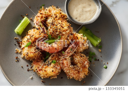 Garlic Parmesan Crusted Shrimp Coated in Whole Grain Breadcrumbs Crispy Seafood Appetizer 133345051