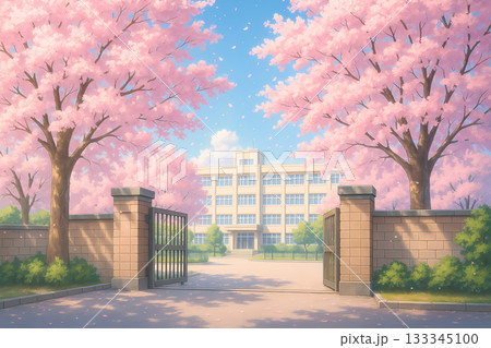 晴れた春の日の校門と満開の桜（アニメ風背景） 133345100