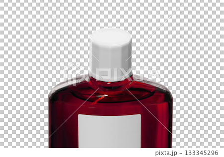 【切り抜き透過背景素材】スクリューキャップを閉めた育毛剤の赤色半透明のボトル 133345296