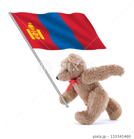 Mongolia flag being carried by a cute teddy bear 133345460