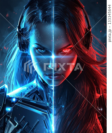 神秘的な赤と青の光輝くサイボーグ美女 133345644