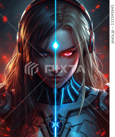 神秘的な赤と青の光輝くサイボーグ美女 神秘的な赤と青の光輝くサイボーグ美女 133345645