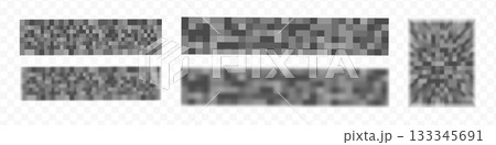Censorship texture and gray pixel mosaic backgrounds. Checkered patterns hide text, image, or other prohibited privacy content. Vector graphic illustration with censor blur pattern for protection and 133345691