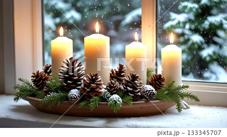 A festive arrangement of candles surrounded by pinecones and greenery on a windowsill, evoking warmth and holiday spirit during a serene snowy evening A festive arrangement of candles surrounded by pinecones and greenery on a windowsill, evoking warmth and holiday spirit during a serene snowy evening 133345707