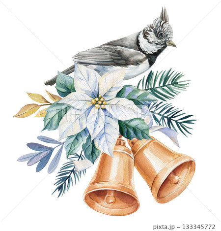 Watercolor songbird with white poinsettia golden bells fir branches berries winter floral decorative illustration 133345772