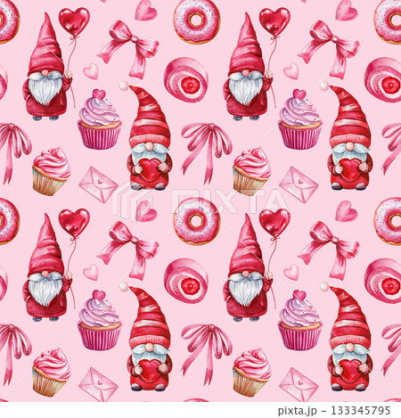 watercolor valentine gnomes pattern with cupcakes bows hearts and cute festive elements seamless pink holiday design 133345795
