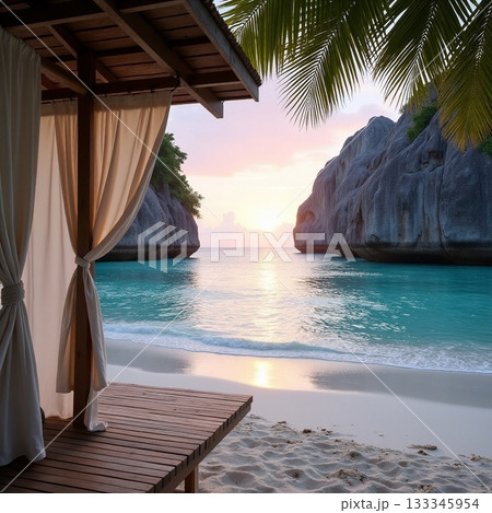 Relaxing beach scene at sunset with mountains in view Generative AI 133345954