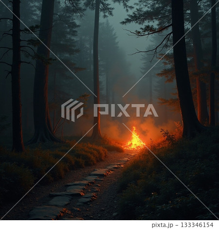 Glowing fire illuminates forest path at dusk Generative AI 133346154