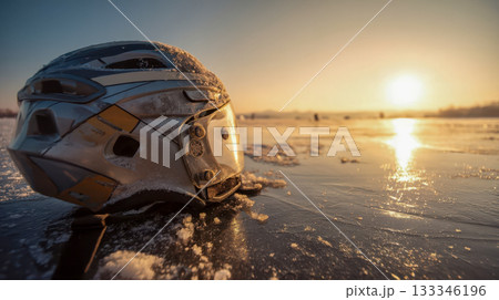Frozen ice helmet on frozen lake at sunset, winter sports equipment in warm golden light 133346196
