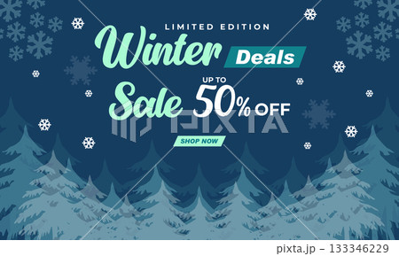 Elegant Winter Sale Banner with Blue Snowy Forest Background Elegant Winter Sale Banner with Blue Snowy Forest Background 133346229