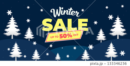 Winter Sale Banner with Yellow Contrast and Snow Tree Illustration 133346236