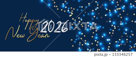 Modern Script Happy New Year 2026 Blue Glitter Banner 133346257