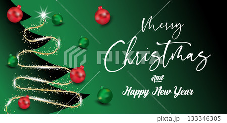 Dark elegant holiday banner with illuminated Christmas tree made of golden garland 133346305