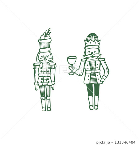 Whimsical Christmas nutcracker illustration, doodle green vector, soldier cute christmas toy Whimsical Christmas nutcracker illustration, doodle green vector, soldier cute christmas toy 133346404