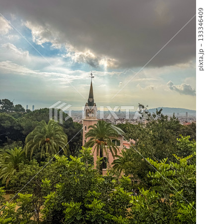 Barcelona View from Park Guell Tower Cityscape 133346409