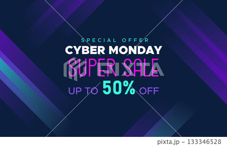 Cyber Monday Colorful Neon Style Super Sale Web Banner. Cyber Monday Sale Special Offer Social Media Post Design. Business, Promotion, and Advertising Vector Template. Seasonal Offers Mega Big Sale 133346528