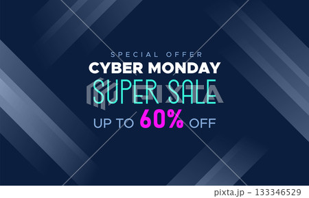 Cyber Monday Colorful Neon Style Super Sale Web Banner. Cyber Monday Sale Special Offer Social Media Post Design. Business, Promotion, and Advertising Vector Template. Seasonal Offers Mega Big Sale 133346529