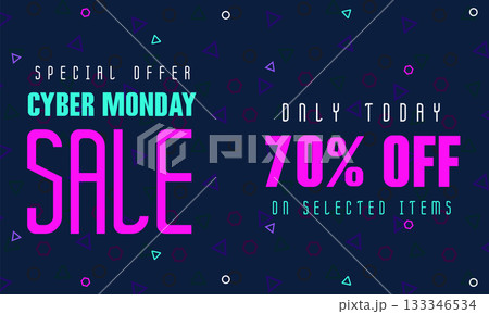 Cyber Monday Colorful Neon Style Super Sale Web Banner. Cyber Monday Sale Special Offer Social Media Post Design. Business, Promotion, and Advertising Vector Template. Seasonal Offers Mega Big Sale 133346534