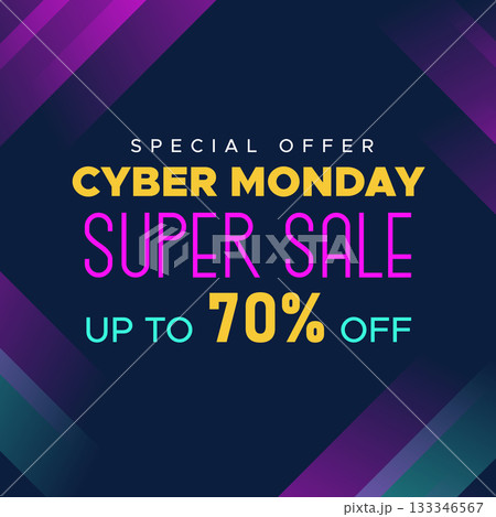 Cyber Monday Colorful Neon Style Super Sale Web Banner. Cyber Monday Sale Special Offer Social Media Post Design. Business, Promotion, and Advertising Vector Template. Seasonal Offers Mega Big Sale 133346567