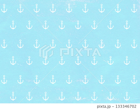 Nautical theme background with retro paper texture of blue color and anchors pattern. Horizontal travel background with vintage paper. Topic of travel, trip abroad on vacation, cruises and tours 133346702