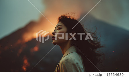 日本人女性が溶岩流を見つめる 日本人女性が溶岩流を見つめる 133346894